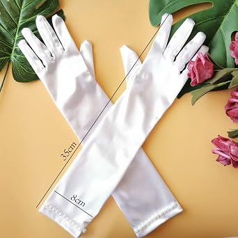 2 Pair Little Girls Long Princess Costume Glove, Creatiee White Dress Up Beading Bows Glove for Kids Party, Wedding, Birthday