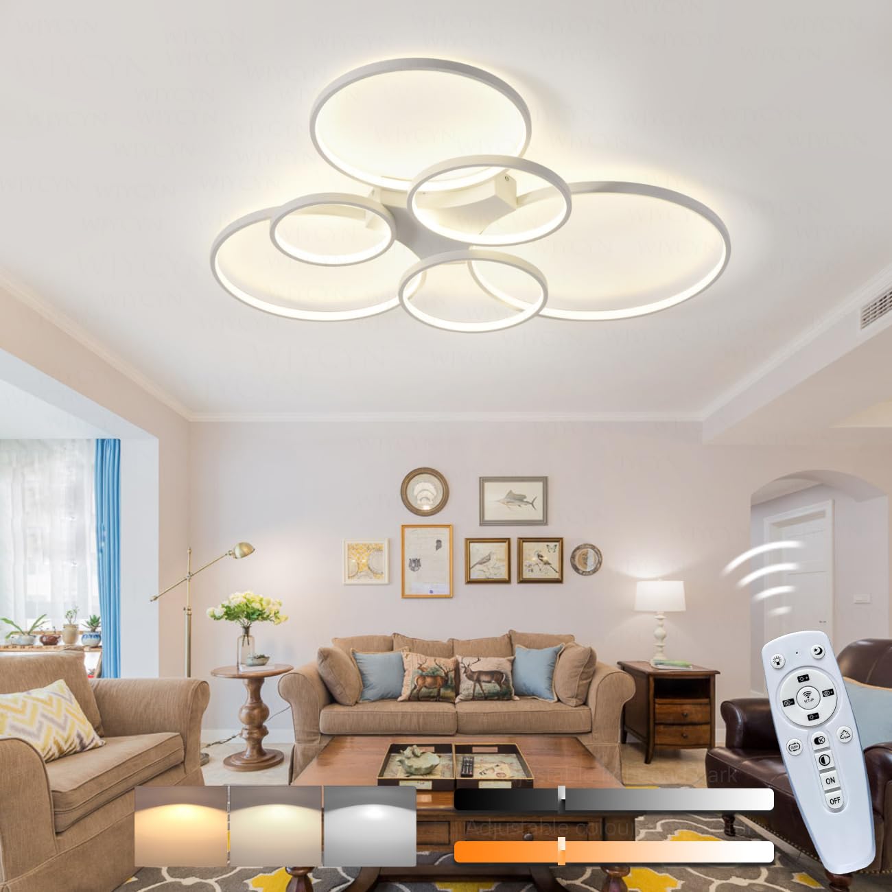 Kreatywny Ściemnialna 6-pierścieniowa lampa sufitowa do salonu 90W z pilotem 3000K-6500K Nowoczesne Plafon LED sypialni Energooszczędne Możliwość przyciemnienia do jadalni kuchni biur L100cm (Biały)