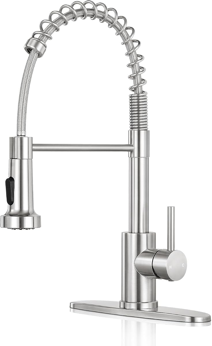 Grifo de cocina con rociador desplegable, níquel cepillado | Rociador de 2 modos, pico de arco alto de 360°, construcción de acero inoxidable 304, válvula antigoteo, resistente a huellas dactilares, instalación usted mismo, certificación NSF