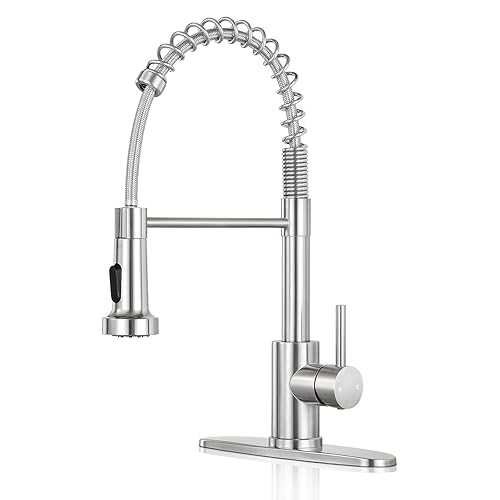 KHQF Kitchen Faucet with Pull Down Sprayer,Commercial Single Handle Stainless Steel Kitchen Faucets with Deck Plate (Brush Nickel)