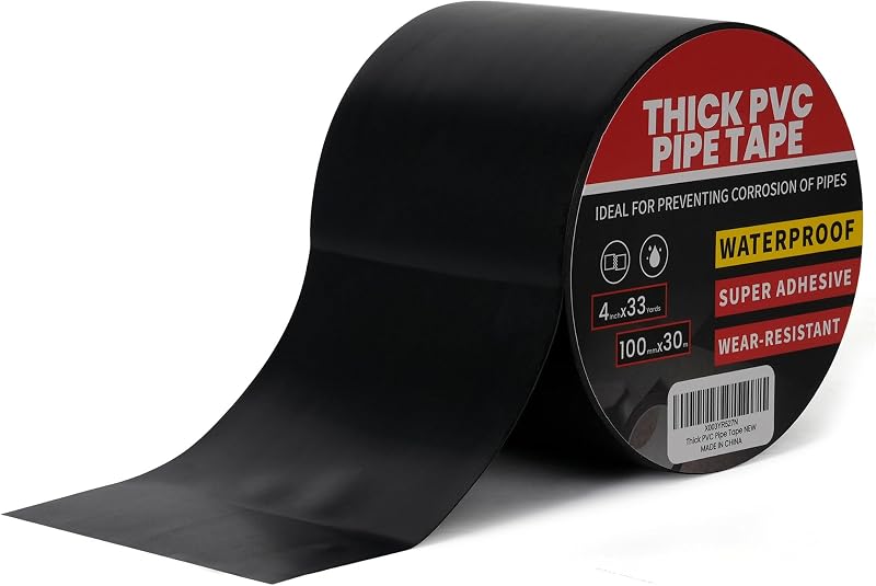 TAPEBEAR Corrosion Protection Pipe Tape 10mil PVC Pipe Wrap Tape 4" Wide | 33Yard/Roll Waterproof PVC Black Tape Hose Leak Proof Thicker for Drain Pipe, Metal Electrical Outdoor Underground Pipe