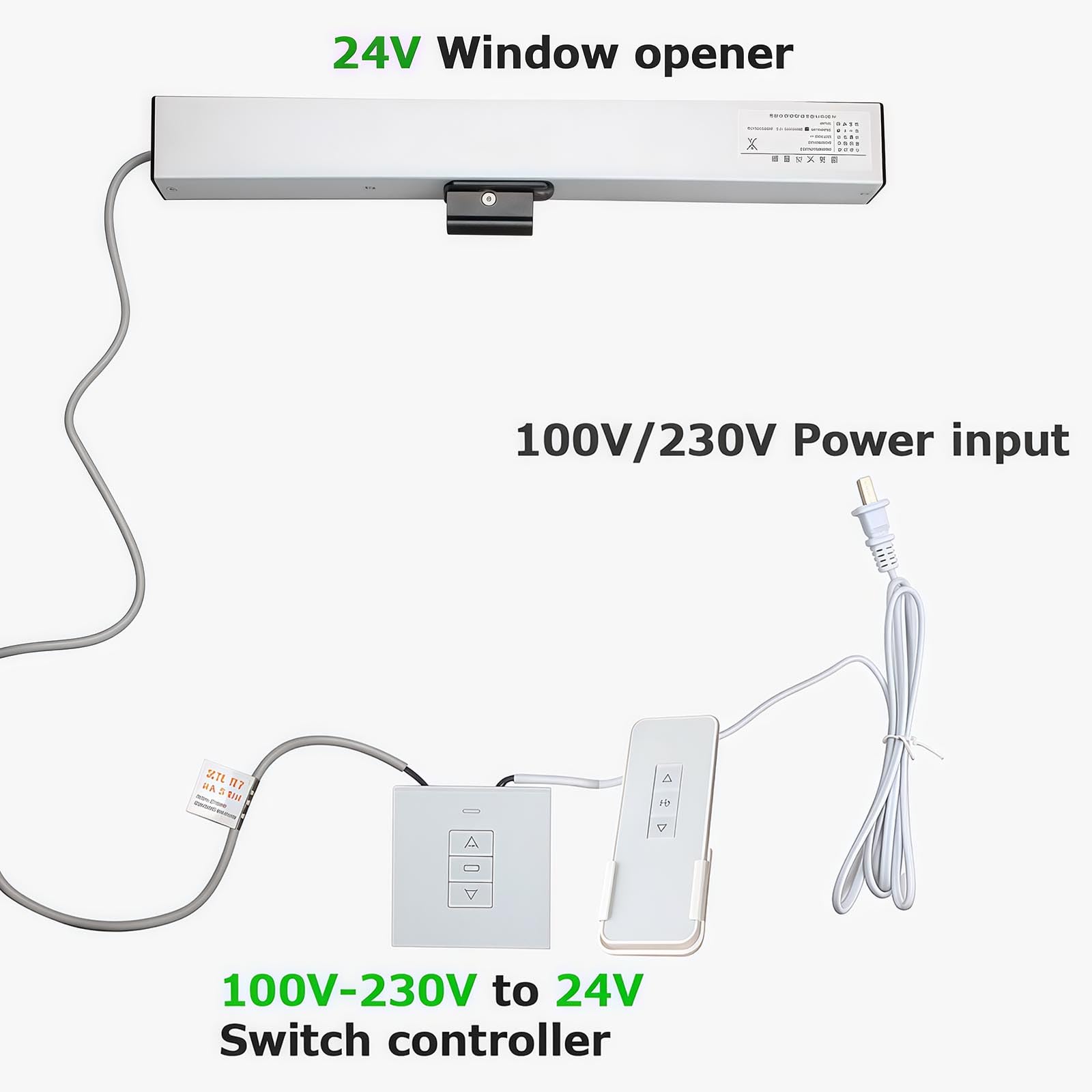 Abridor eléctrico de ventana, abridor de ventilación motorizado automático con interruptor de pared y control remoto, carrera ajustable de 300 mm a 1000 mm para una fácil ventilación de ventanas