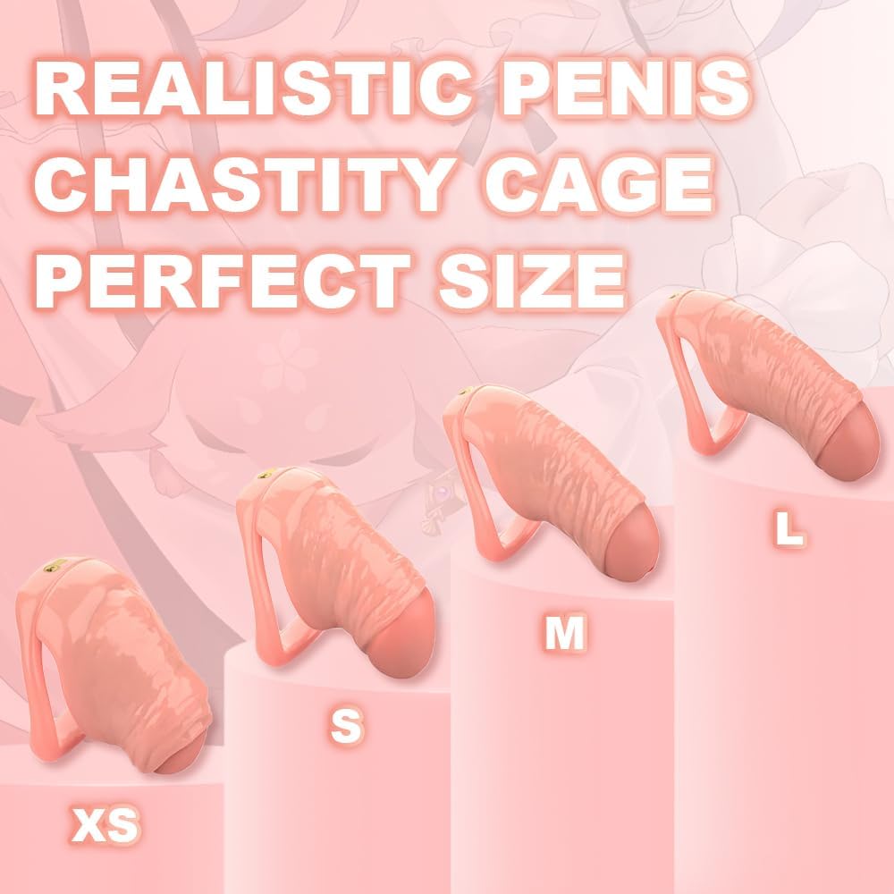 Realistic Penis Chastity Cage Chastity Devices for Male with 4 Ring Set, Resin Sissy Hollow Penis Style Chastity Device Dildo Shape Bondage Cock Cage Adult Sex Toys for Growers Men Couple (XS)