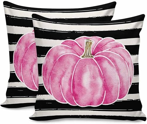 MAIANNE Paquete de 2 fundas de almohada de algodón, fundas de almohada cuadradas suaves con calabazas rosadas, decoración del hogar, fundas de