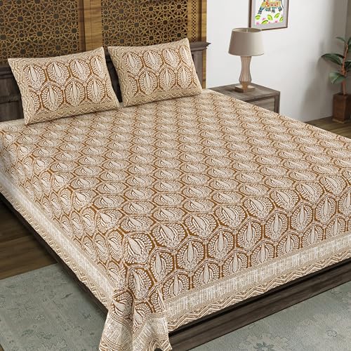 Image of BLOCKS OF INDIA Hand Block Printed 200 TC Cotton Super King Size Bedsheet (Brown Pine Tree)