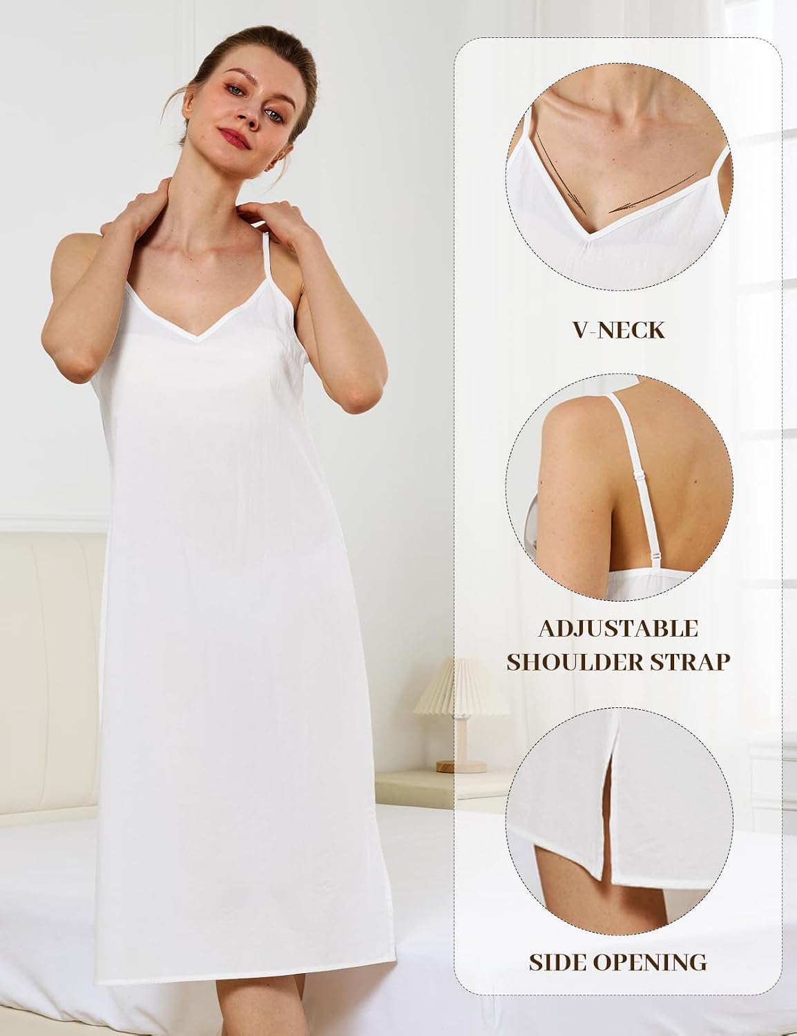 Women Dress Slips for Under Dresses 100% Cotton Full Slip with Adjustable Spaghetti Strap V Neck