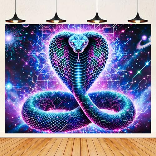 Image of BlissYard Blacklight Tapestry Cobra Snake Decor 78x59 Inch Neon Glow in Dark Backdrop Blacklight Tapestry Psychedelic Galaxy Reptile Scene for Bedroom Wall Hanging Party Room Cosmic Jungle Art