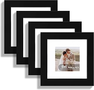 Hongkee 6x6 Picture Frame Set of 4, Real Glass and Wood Frame, 4x4 Mat