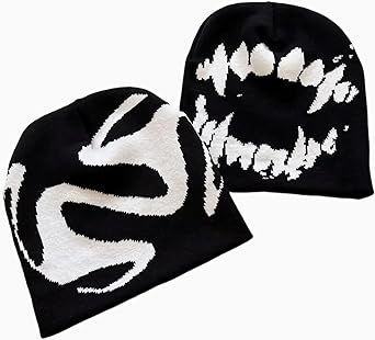 Black Graphic Beanie for Men Women, Streetwear y2k Knitted Hat, Slouchy Goth Skull Cap 2 pcs