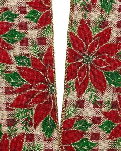 Image of Poinsettia Plaid Christmas Tree Ribbon - 2 1 /2 inch x 10 Yards, Wired Holiday Ribbon, Gift Wrapping, Garland, Wreath, Bows, Presents, Fundraiser, Boxing Day, Classroom, Office, Arts and Crafts