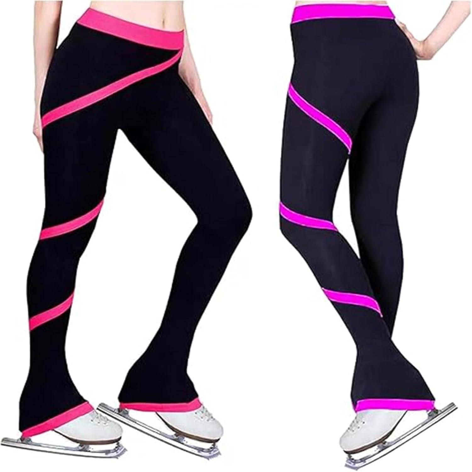 Women's Figure Skating Pants, Fleece Training Pants, Skating Competition Trousers, Striped Performance Leggings, Athletic Practice Wear, Thermal Skatewear