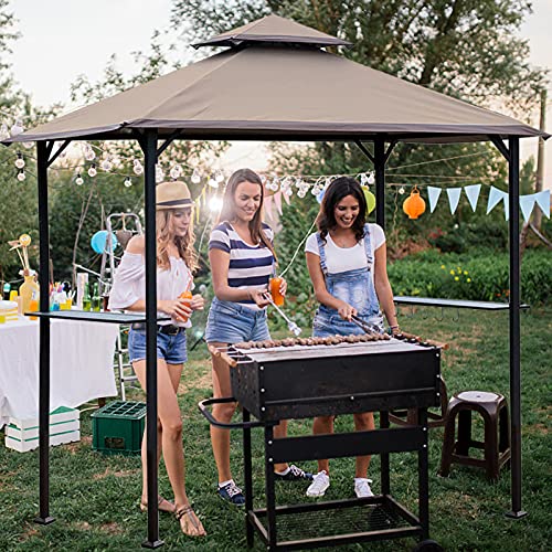 CoastShade 8\'x 5\' Grill Gazebo Double Tiered Outdoor BBQ Canopy,Grill Gazebo Shelter for Patio and Outdoor Backyard BBQ\'s with LED Light x 2 (Beige)
