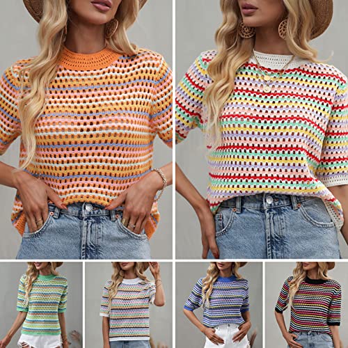 KAJIA Suéter feminino de malha oco listrado cor contrastante meia manga transparente tops casuais