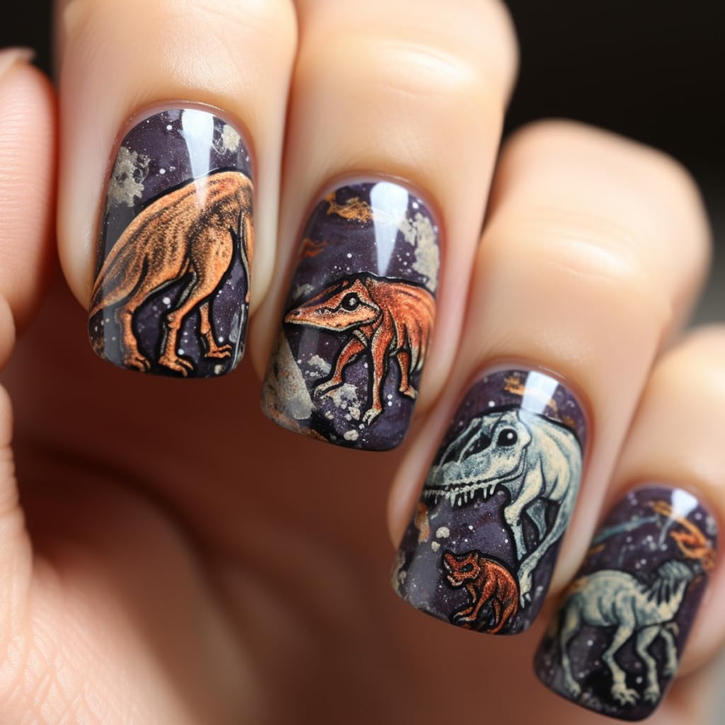 24Pcs for Women Shimmering Dinosaur Nails Full Covers Stick on Nails for Independence Day Festivities