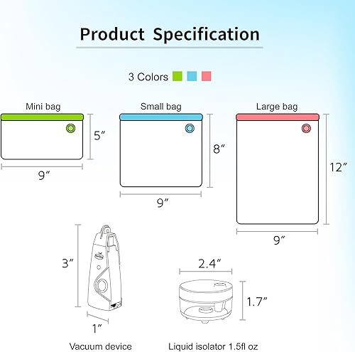 Miniatura 5 de SealVax Paquete de 6 bolsas reutilizables de sellado al vacío para alimentos, incluye bolsas azules, verdes y rosas, con bomba de vacío de mano,