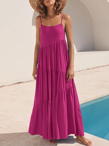 Vista 2 de ANRABESS - Vestido largo de verano para mujer, vestido de lino casual, holgado, sin mangas, con tirantes delgados y estilo bohemio, para playa