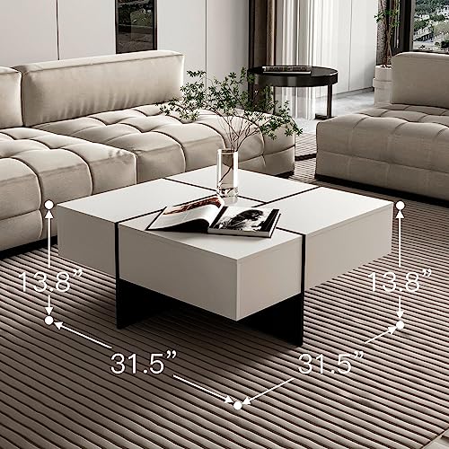 Furnnylane Modern Coffee Table With 4 Drawers,Square Coffee Table With Storage For Living Room,White,31.5" D X 31.5" W X 13.8" H #TOP1