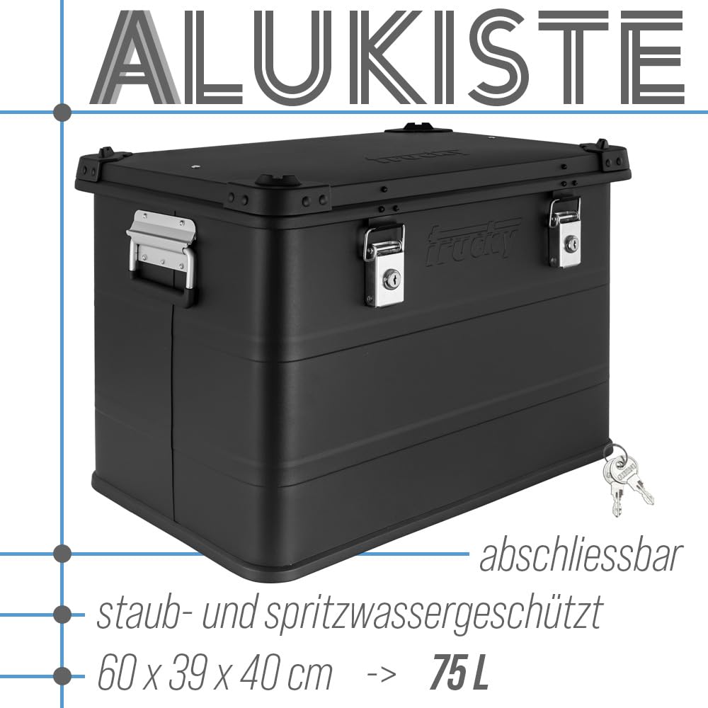 Trucky Scatola in alluminio con coperchio, in alluminio, per il trasporto, in metallo, richiudibile, dimensioni: 75 l, colore: nero