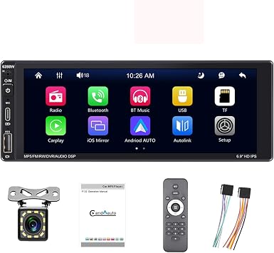 Single Din Car Stereo Wireless Apple Carplay and Android Auto, with 12 LED Camera, 6.9 Inch Car Multimedia MP 5 Player Touch Panel Car Radio with Bluetooth, Type-C Charging, Mirror Link/SWC/FM/AM/RDS