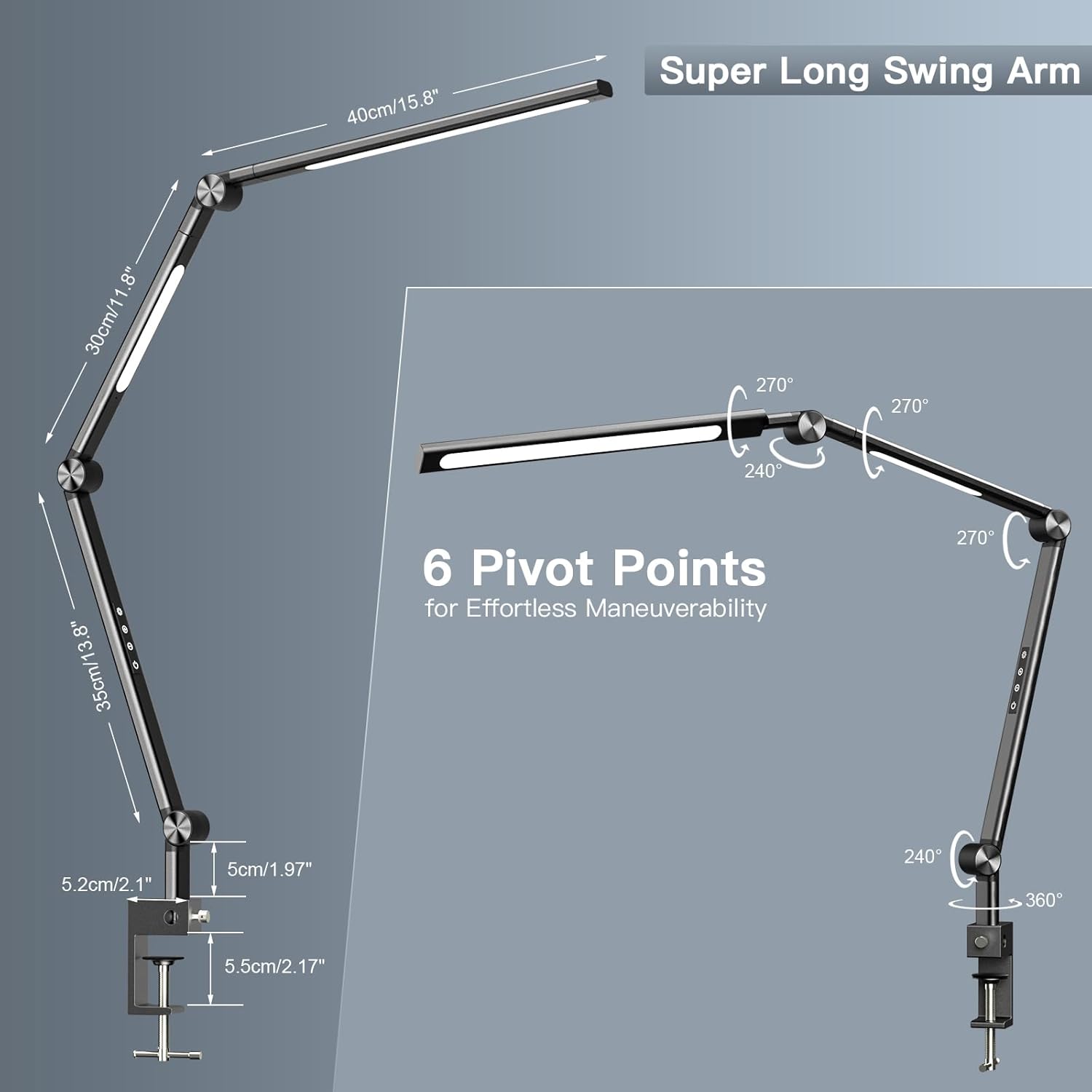Detailed diagram of the VERSKI LED Desk Lamp's super long swing arm, showing its dimensions and 6 pivot points for extensive adjustability.