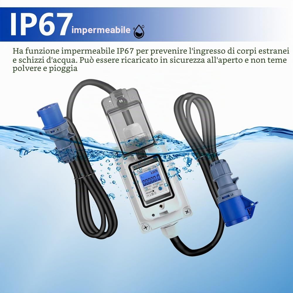Contatore Elettrico Digitale Mobile, 230 V 16A Contatore di Corrente Digitale Portatile con LED/Reset, Misuratori per esterni con IP65, per Camper,Veicoli Elettrici,Case