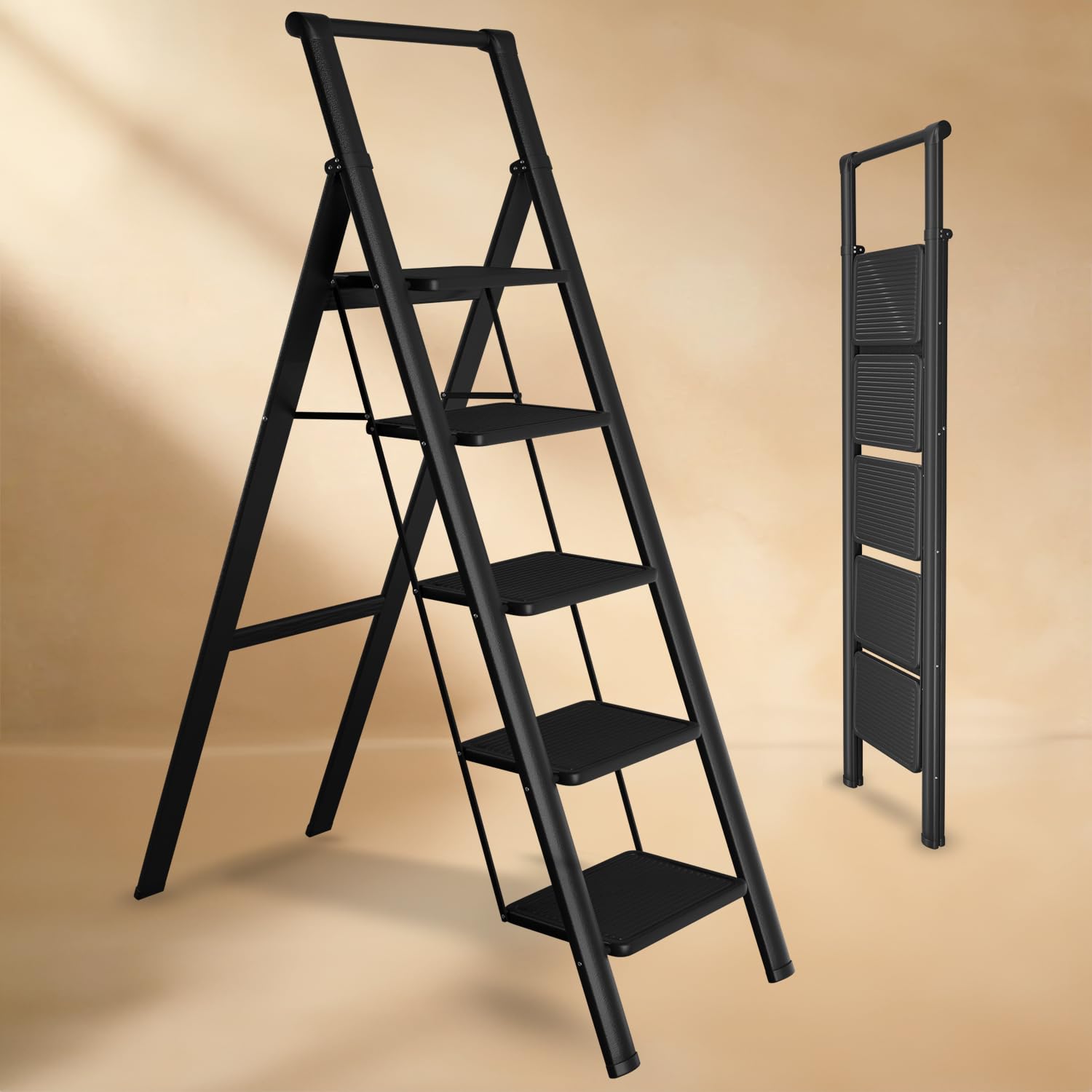 Lifelong 5 Steps Steel Ladder with Handle for Home, Foldable & Portable Stairs, Versatile Use for Kitchen, Bathroom & Office Foot Stool - Multipurpose Step Stool with 150 Kg Capacity (LLSLH05, Black)
