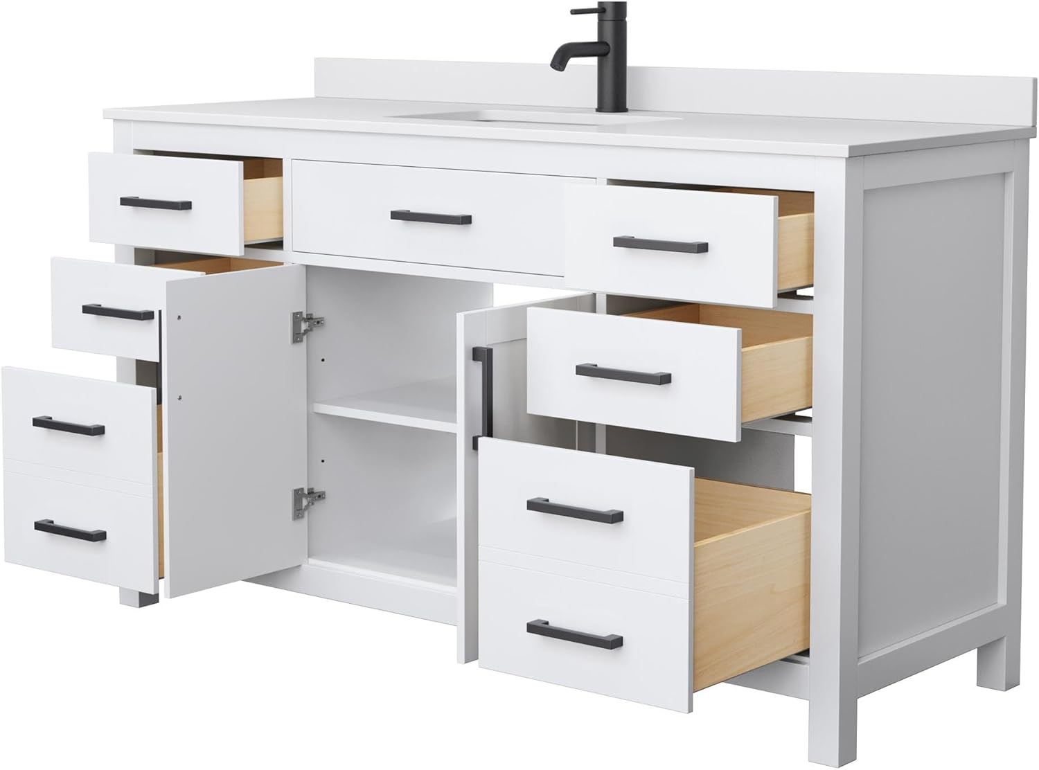 Beckett 60 Inch Single Bathroom Vanity in White, White Cultured Marble Countertop, Undermount Square Sink, Matte Black Trim