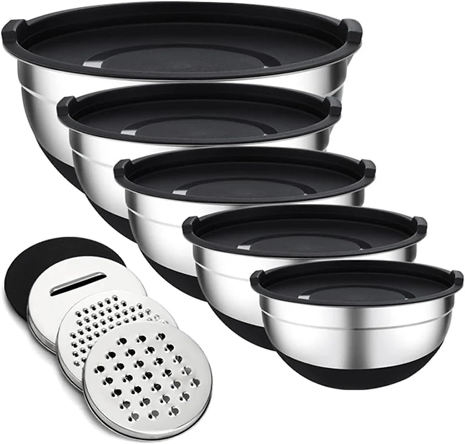 Mixing Bowls with Lids Set, 5 Pcs Stainless Steel Mixing Bowls with 3 Grater Attachments, Non-Slip Silicone Base