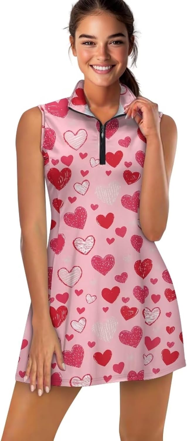 Women Tennis Dress Half Zip Collar Sleeveless Golf Workout Dress with Short and Pocket Athletic Dresses Size XS-2XL