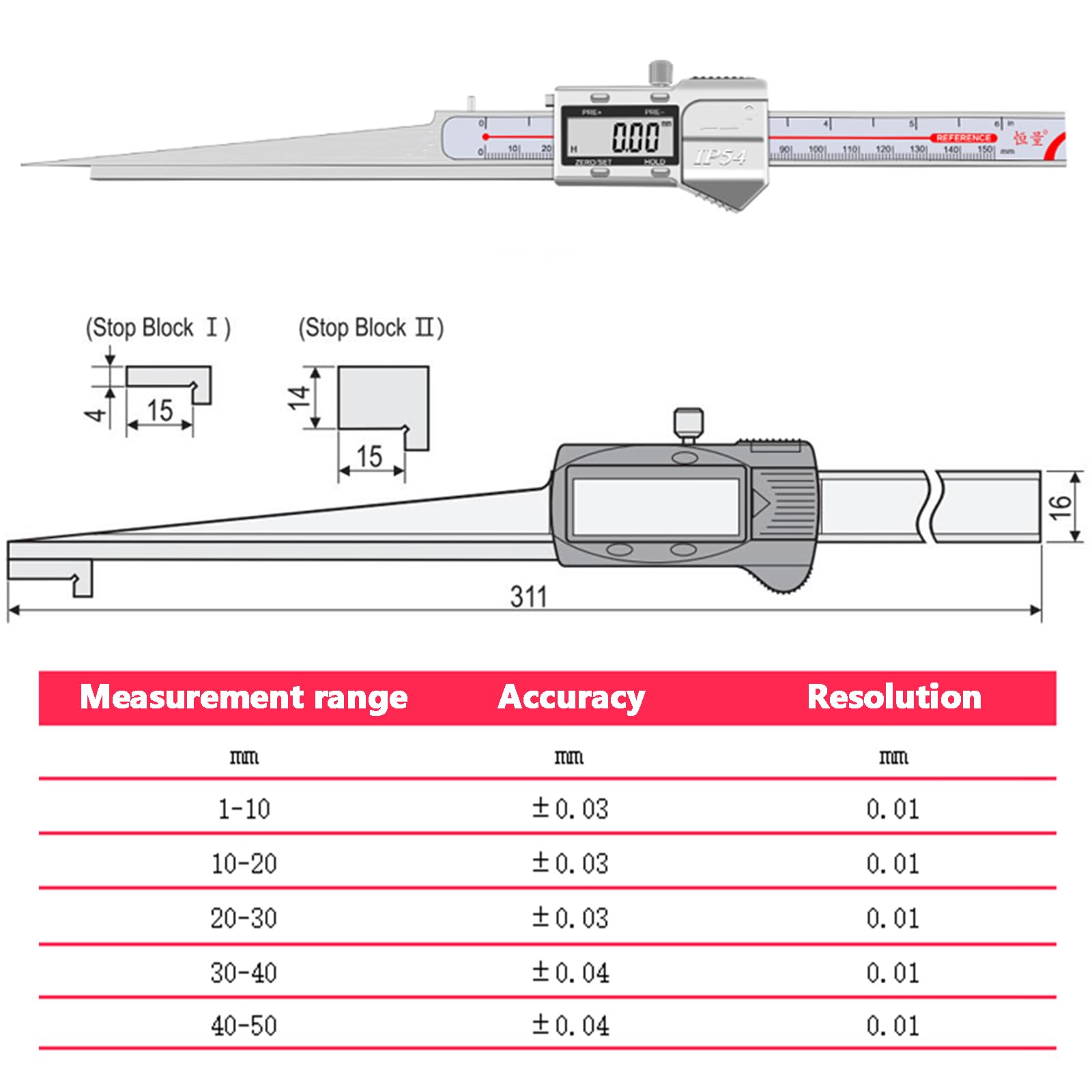 Calibrador Digital de conicidad, galga de espesores para Soldadura, Rango de medición de 1 a 50 mm (Opcional), precisión de ±0,03 mm, resolución de 0,01 mm, para moldes/componentes