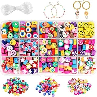 DIYDEC 300PCS Polymer Clay Beads,Fruit Smiley Handmade Beads 15 Styles Flower Letter Soft Beads for Girls Jewelry Making DIY Bracelet Necklace Earring Accessories with 4m Crystal Elastic String.