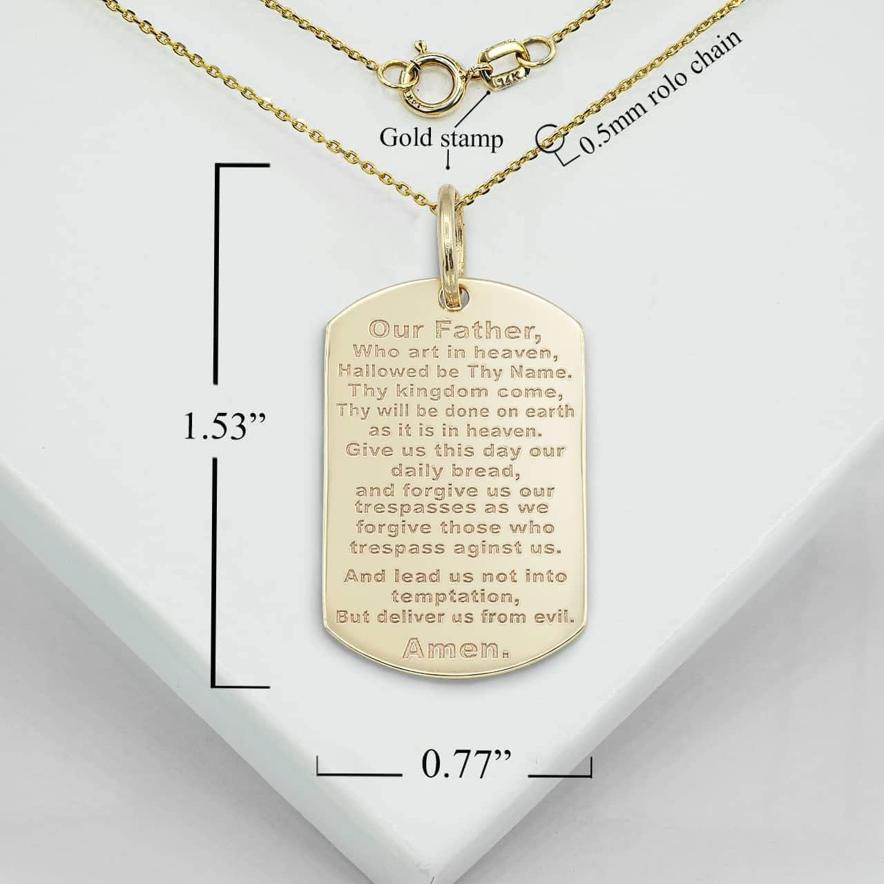 10K or 14K Yellow, White, or Rose Gold Personalized Name Lord's Prayer "Our Father" Bible Verse Dog Tag Style Pendant Custom Engraved Any Name
