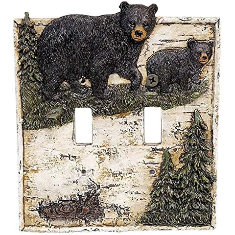 Black Bear on Birch with Pine Trees Double Switch Cover Wall Plate Cabin Lodge Home Decor Cover