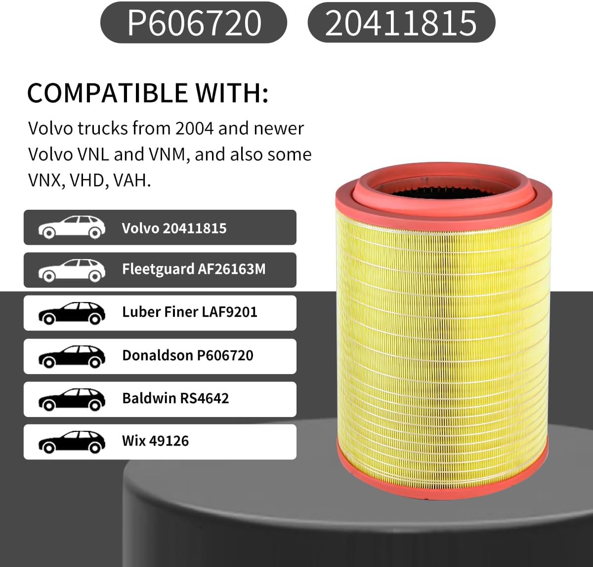 Engine Air Filter P606720 20411815 Engine Air Filter for Volvo trucks from 2004 and newer for Volvo VNL and VNM and also some VNX, VHD, VAH OEM AF26163M LAF9201 RS4642 49126