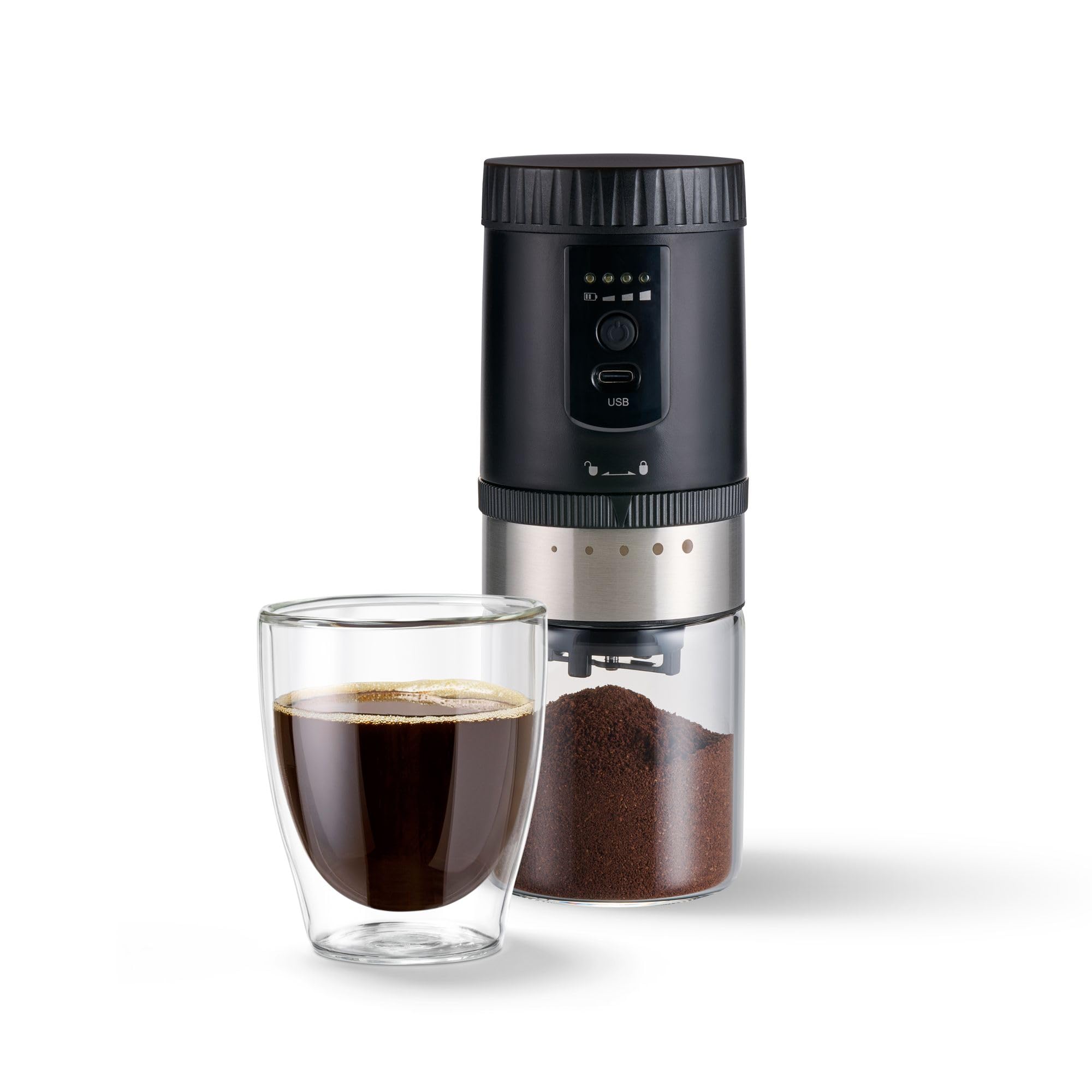 Tchibo Akku-Kaffeemühle mit Glas-Auffangbehälter – 5 Mahlgradeinstellungen, Schwarz/Silber
