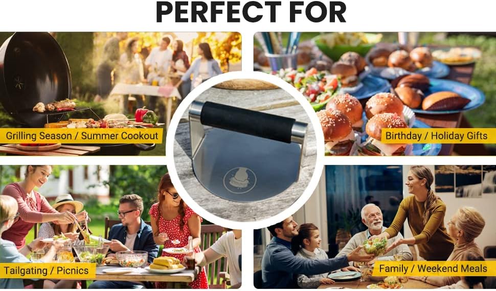 Miniatura 7 de Prensa de hamburguesa de acero inoxidable con mango a prueba de calor, 5.5 pulgadas, fácil de limpiar, hamburguesas perfectas cada vez