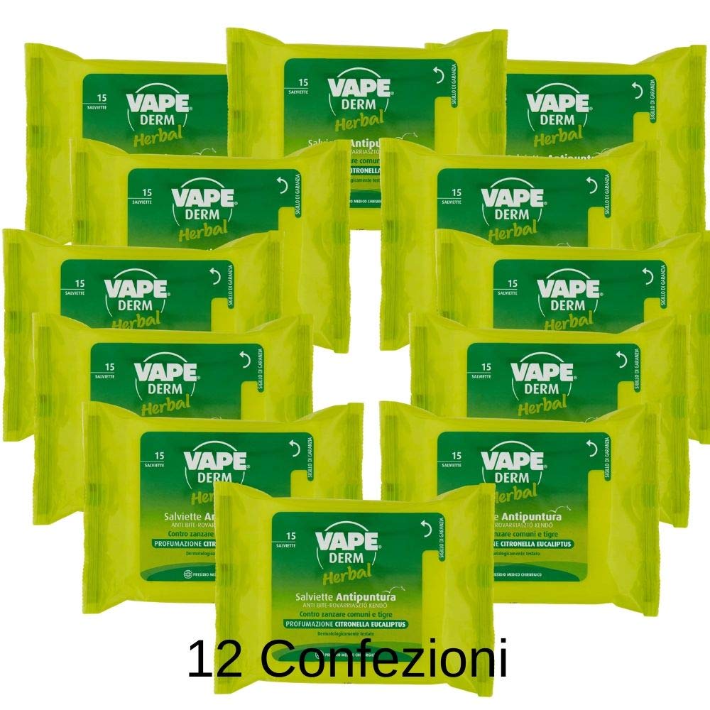 Vape Derm Herbal Antipuntare Zanzare 12 Confezioni da 15 Salviette Olio Essenziale
