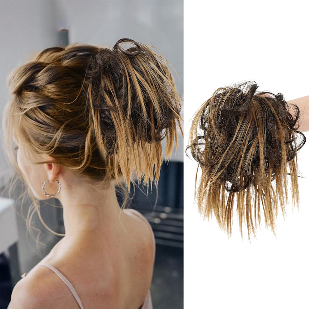 KETHBE Messy Bun Hair Piece,Synthetic Tousled updo Short Ponytail Faux Hair Scrunchie with Elastic Rubber Band Fake Hair Bun for Women (Dark Brown Mix Golden Brown)