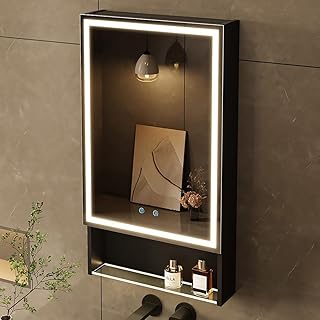 spiegelschrank Bad mit Beleuchtung 50×88×13 cm, 3-Farben Modus, Speicher Regale, Entfogging-Funktion, Steckdose und USB, Verstellbarer Speicher, Aluminium (50 × 88 cm)