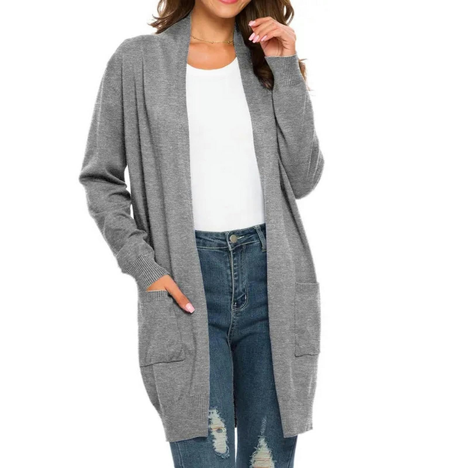 Sweter dla kobiet, kardigan damski, sweter jesienny, otwarty przód, dzianinowy, oversize, płaszcz z kieszeniami