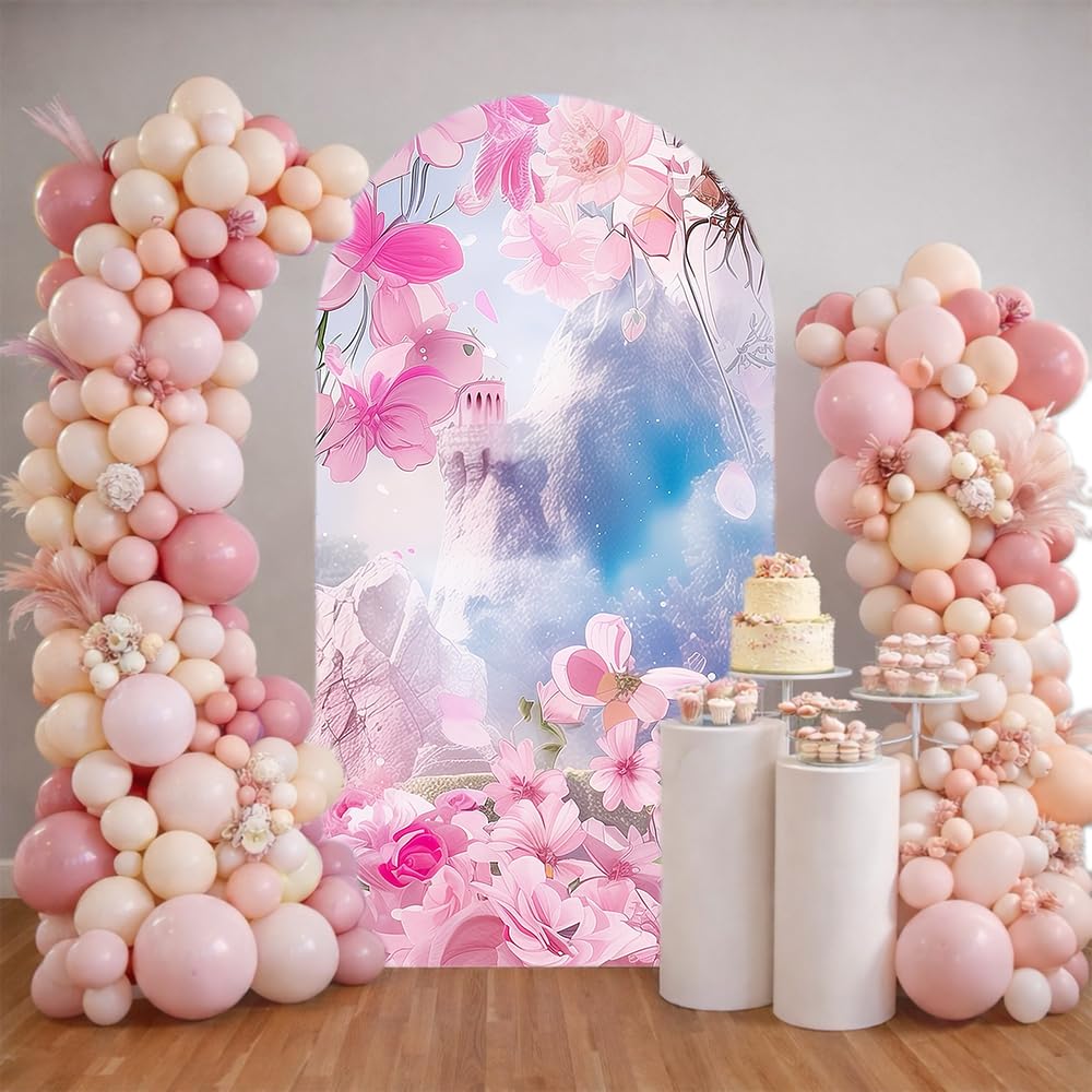 Uoimystify Princess Castle Arches Backdrop Cover - Stretchy Fabric Covers for Birthday Party Decorations, Fairy Tale and Fantasy Theme Events (6 *