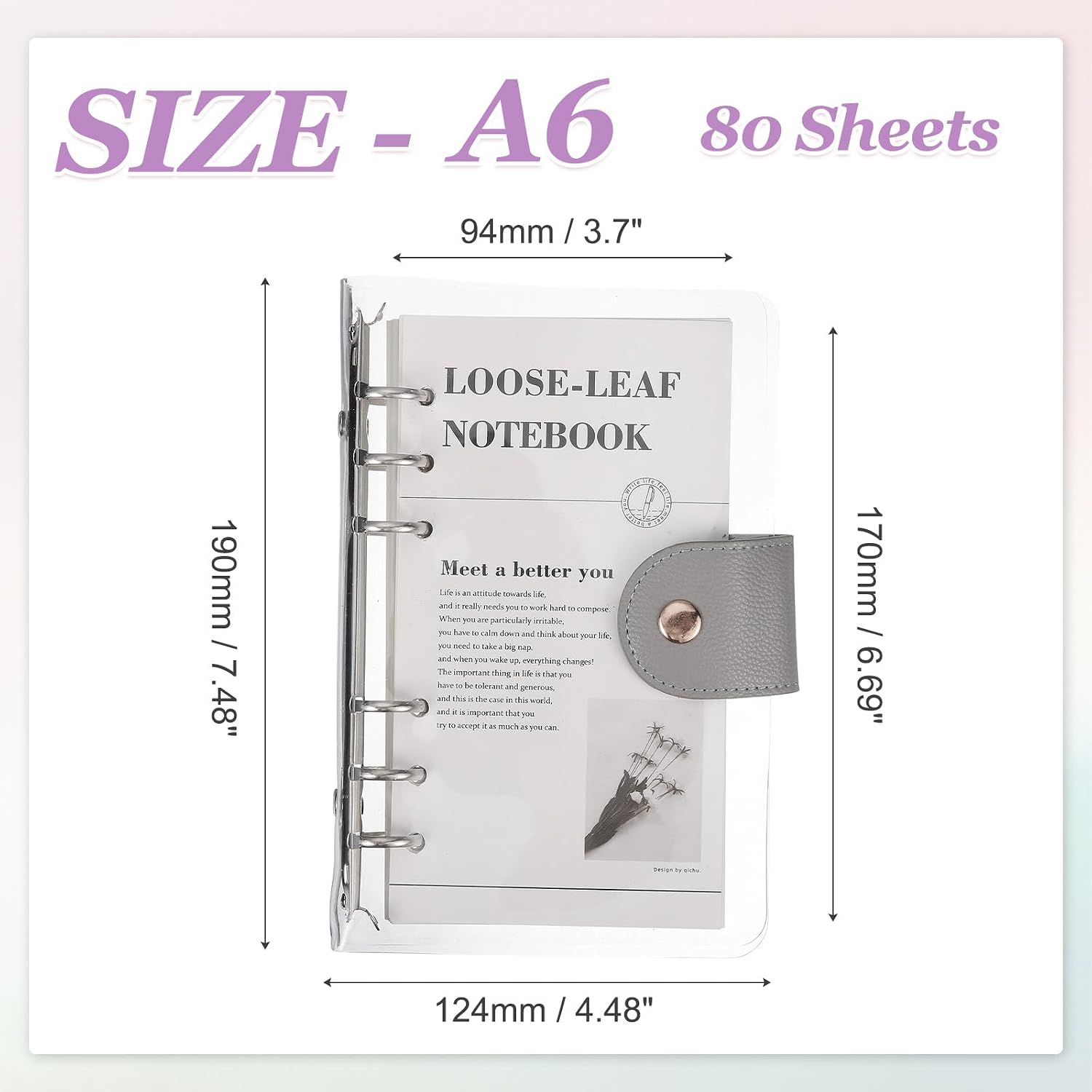 PATIKIL A6 Notebook Binder, Transparent PVC 6-Ring Refillable Planner Cover with 90 Sheets Lined Inner Paper Planner Binder with Snap Button Closure for Journal Planner Office, Gray