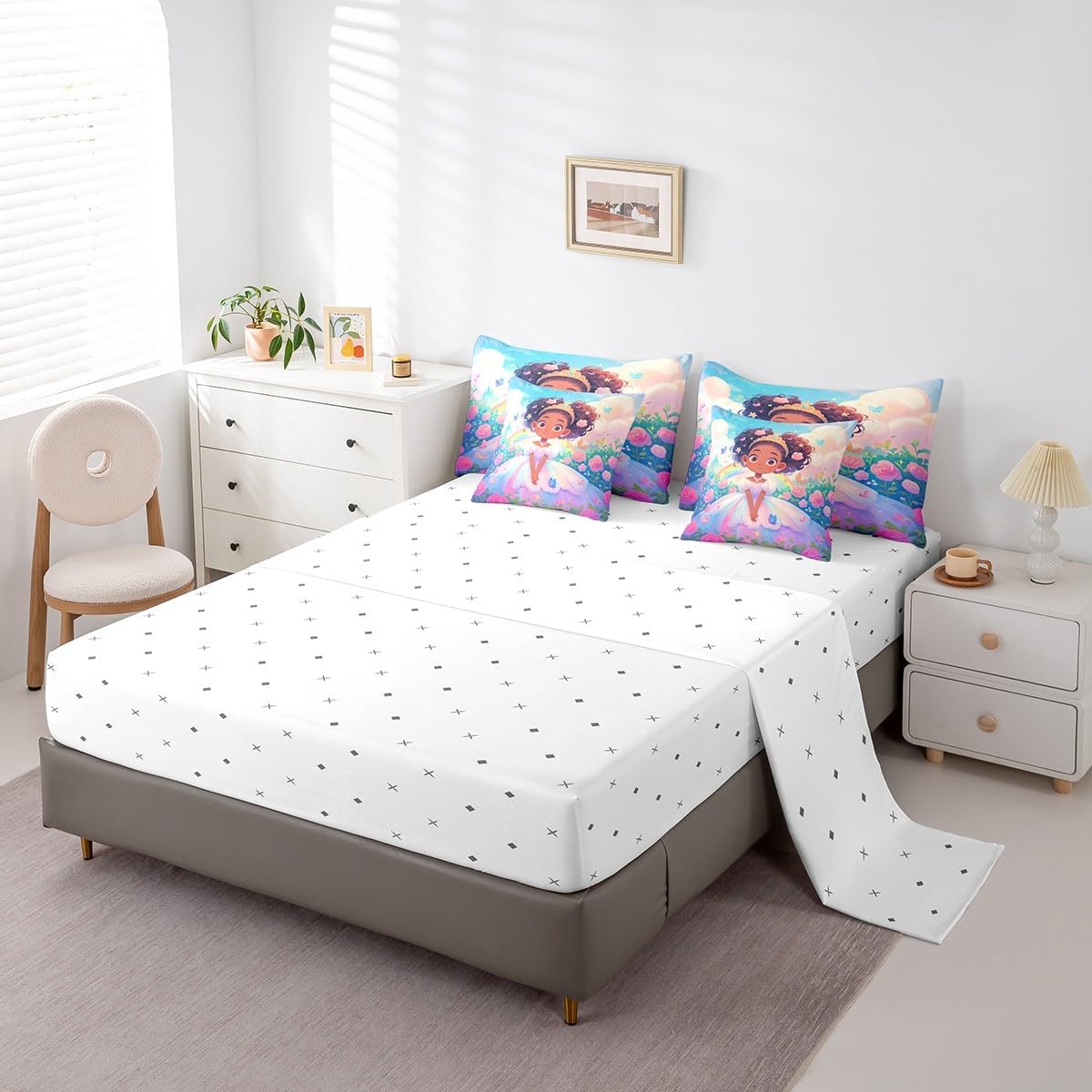 Feelyou African American Girl 7-Piece Bedding Set - Black Girls Magic Full Comforter Set with Sheets & Decor - Black Princess Bed in a Bag - Blue & Pink Bed Set