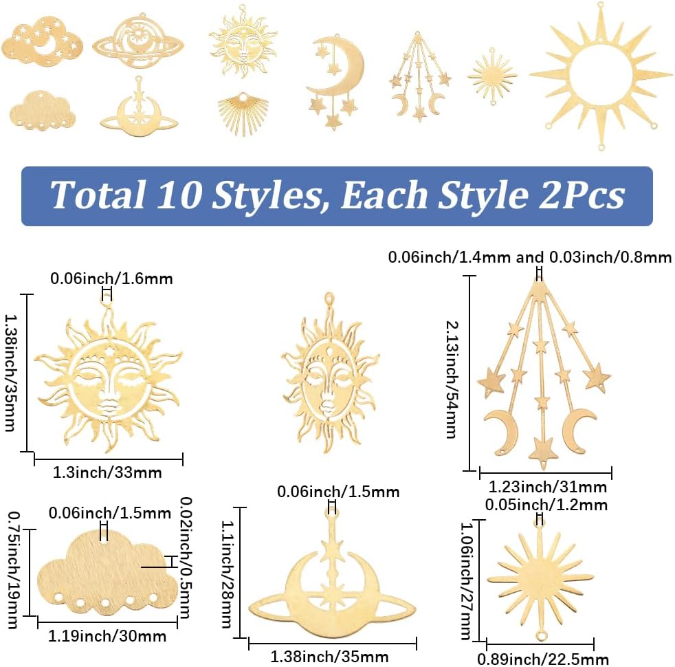 SUNNYCLUE 1 Box 20Pcs 10 Styles Sun Connector Charms Brass Charm Connectors Gold Celestial Moon Star Cloud 2 Holes Link Pendants for Jewelry Making Findings Earrings Necklaces Wind Chimes Dreamcatcher - Image 2