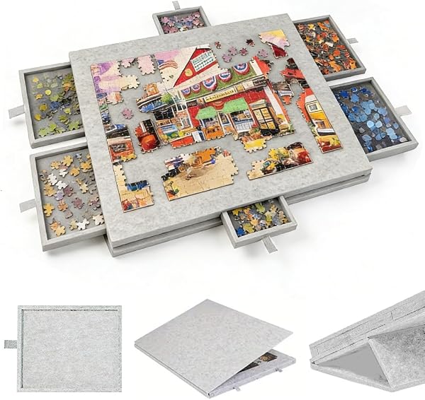Tavolo puzzle 1000 pezzi, puzzle portatile con 6 cassetti, custodia leggera in feltro, contenitore portatile per 1000 pezzi, tavolo puzzle ribaltabile, per adulti e bambini (grigio) - 1