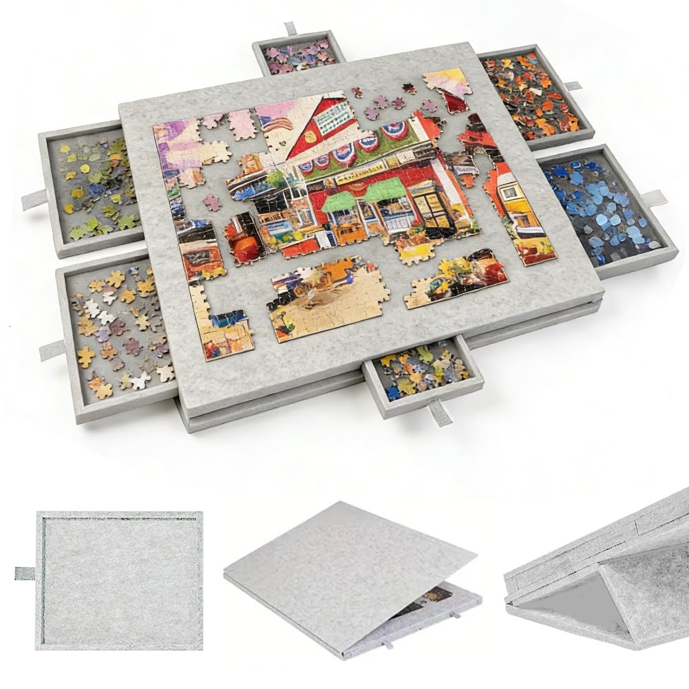 Tavolo puzzle 1000 pezzi, puzzle portatile con 6 cassetti, custodia leggera in feltro, contenitore portatile per 1000 pezzi, tavolo puzzle ribaltabile, per adulti e bambini (grigio)