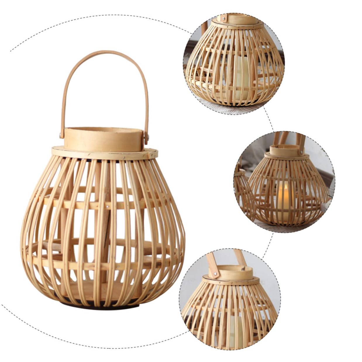 Candelabro Tejido de Bambú Beige Hecho a Mano, Estilo Linterna | Decoración del Hogar y Fiestas, Madera y Bambú, Incluye Velas, Tono Retro de Atmósfera Natural