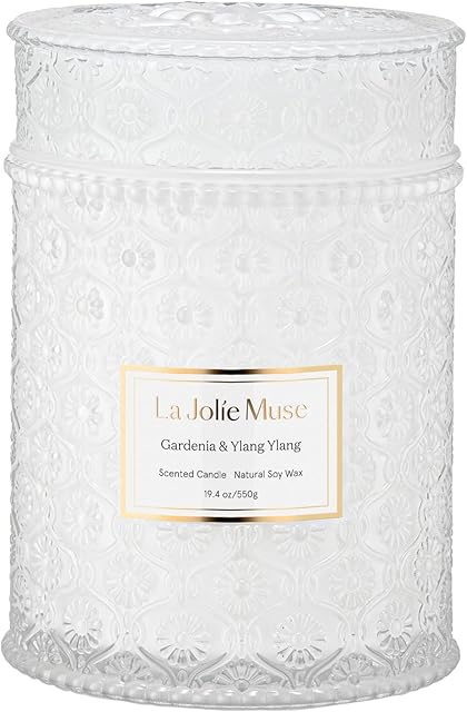 La Jolíe Muse Scented Candle Gardenia & Ylang Ylang Candle Gifts for Women, 19.4Oz /550g Large Glass Jar Candles Natural Soy Wax Candle for Home, 90 Hours Long Burning Time