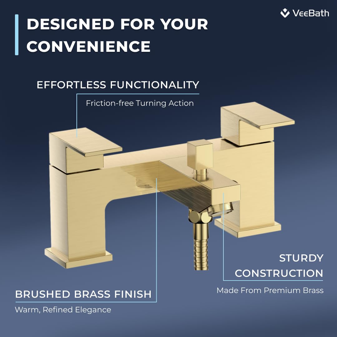 VeeBath Mist Bath Shower Mixer, Brushed Brass Finish with Square Showerhead, Dual Lever Control, G3/4" BSP Inlet - Image 2