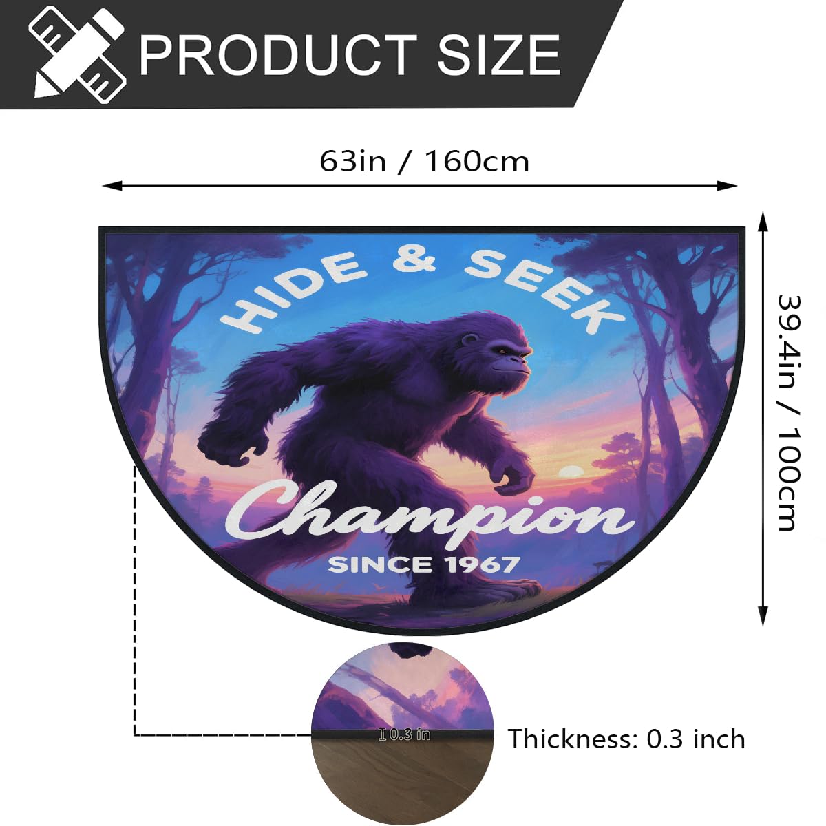 Sasquatch Hide Seek Champion große halbrunde Fußmatte – rutschfest, saugfähig, halbrund, Eingangsbereich, niedlich, weich, halbrund, waschbar, Teppich für Küche, Badezimmer, Schlafzimmer, 160